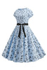 Charger l&#39;image dans la galerie, Manches Cap Imprimé Bleu Clair Robe des années 50