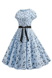 Manches Cap Imprimé Bleu Clair Robe des années 50