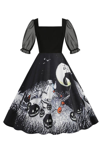 Noir A Line Halloween Robe Vintage Imprimée