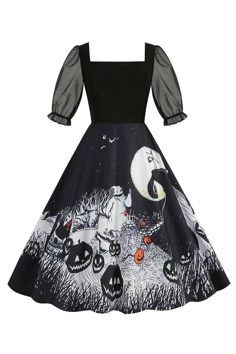 Charger l&#39;image dans la galerie, Noir A Line Halloween Robe Vintage Imprimée