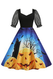 Noir A Line Halloween Robe Vintage Imprimée