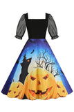 Noir A Line Halloween Robe Vintage Imprimée