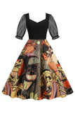 Noir A Line Halloween Robe Vintage Imprimée