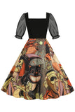 Noir A Line Halloween Robe Vintage Imprimée