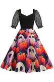 Noir A Line Halloween Robe Vintage Imprimée