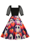 Noir A Line Halloween Robe Vintage Imprimée