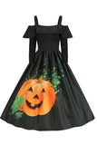 Halloween Citrouille imprimée noire Cold Shoulder VIntage Robe