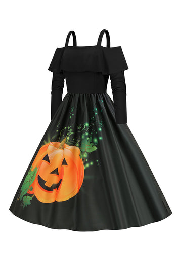 Halloween Citrouille imprimée noire Cold Shoulder VIntage Robe