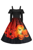 Halloween Citrouille imprimée noire Cold Shoulder VIntage Robe