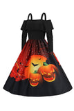 Halloween Citrouille imprimée noire Cold Shoulder VIntage Robe