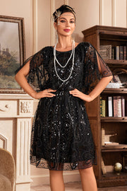 Batwing Manches Black Sequins 1920s Robe