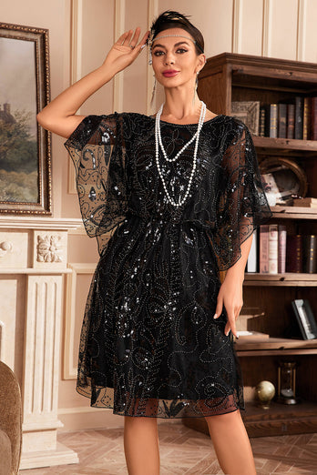 Batwing Manches Black Sequins 1920s Robe