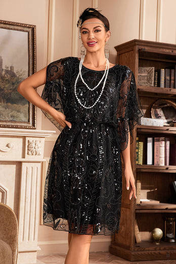 Batwing Manches Black Sequins 1920s Robe