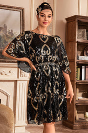 Robe paillettes noires des années 20 avec manches Batwing