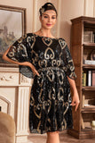 Robe paillettes noires des années 20 avec manches Batwing