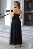 Sangles Spaghetti Noires Une Ligne Tulle Open Back Robe de bal longue