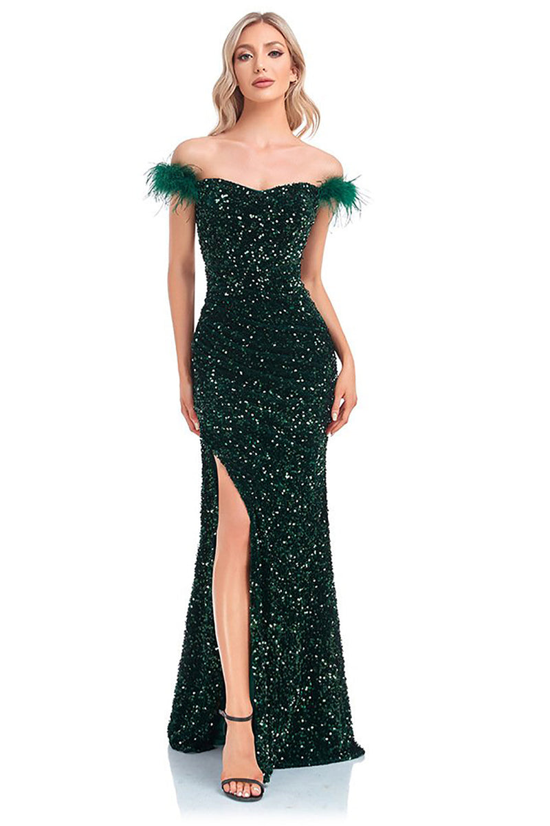 Charger l&#39;image dans la galerie, Sirène vert foncé paillettes scintillantes de la robe de Soirée à l’épaule avec fente