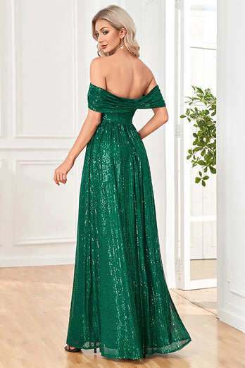 Paillettes scintillantes vert foncé de l’épaule Une robe de Soirée de ligne avec fente