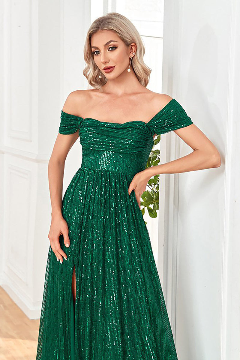 Charger l&#39;image dans la galerie, Paillettes scintillantes vert foncé de l’épaule Une robe de Soirée de ligne avec fente