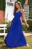 Bretelles spaghetti à col en V bleu royal Robe de soirée plissée