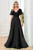 Tulle A-Line Paillettes Robe de soirée noire avec fente