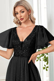 Tulle A-Line Paillettes Robe de soirée noire avec fente