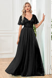 Tulle A-Line Paillettes Robe de soirée noire avec fente