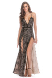 Sangle Spaghetti Noire Col V Profond Robe de soirée Longue