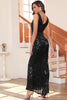 Charger l&#39;image dans la galerie, Noir Sequin V-neck Sans manches Sirène Long Soirée Robe de soirée