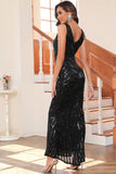 Noir Sequin V-neck Sans manches Sirène Long Soirée Robe de soirée