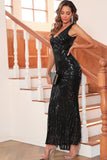 Noir Sequin V-neck Sans manches Sirène Long Soirée Robe de soirée