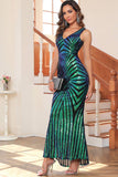Noir Sequin V-neck Sans manches Sirène Long Soirée Robe de soirée