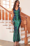 Noir Sequin V-neck Sans manches Sirène Long Soirée Robe de soirée