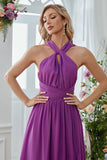 Robe de demoiselle d’honneur longue à col rond Halter violet A-line