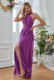 Robe de demoiselle d’honneur longue à col rond Halter violet A-line