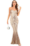 Noir Robe de soirée longue moulante à paillettes et bretelles spaghetti, dos nu