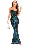 Noir Robe de soirée longue moulante à paillettes et bretelles spaghetti, dos nu