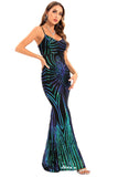 Noir Robe de soirée longue moulante à paillettes et bretelles spaghetti, dos nu