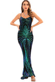Noir Robe de soirée longue moulante à paillettes et bretelles spaghetti, dos nu