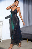 Noir Paillettes Spaghetti Strap Dos Col V Robe de soirée longue