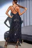 Noir Paillettes Spaghetti Strap Dos Col V Robe de soirée longue