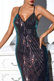 Noir Paillettes Spaghetti Strap Dos Col V Robe de soirée longue