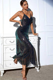 Noir Paillettes Spaghetti Strap Dos Col V Robe de soirée longue