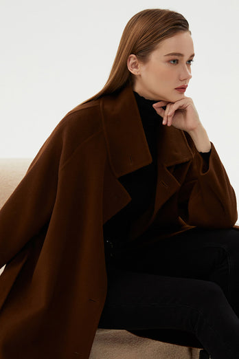 Manteau long en laine double face noir avec revers