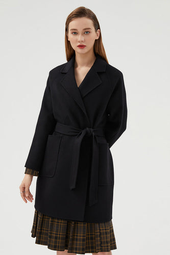 Manteau en laine réversible à revers cranté noir avec ceinture