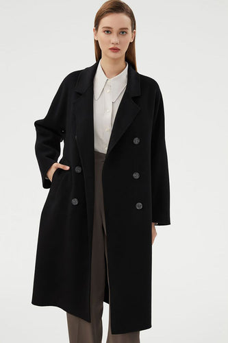 Manteau long en laine simple et mince noir avec double boutonnage
