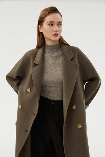 Manteau long en laine simple et mince noir avec double boutonnage