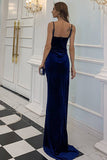 Robe de soirée longue froncée à bretelles spaghetti noires avec fente