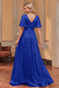 Charger l&#39;image dans la galerie, Robe de cérémonie trapèze à paillettes bleu royal avec col en V