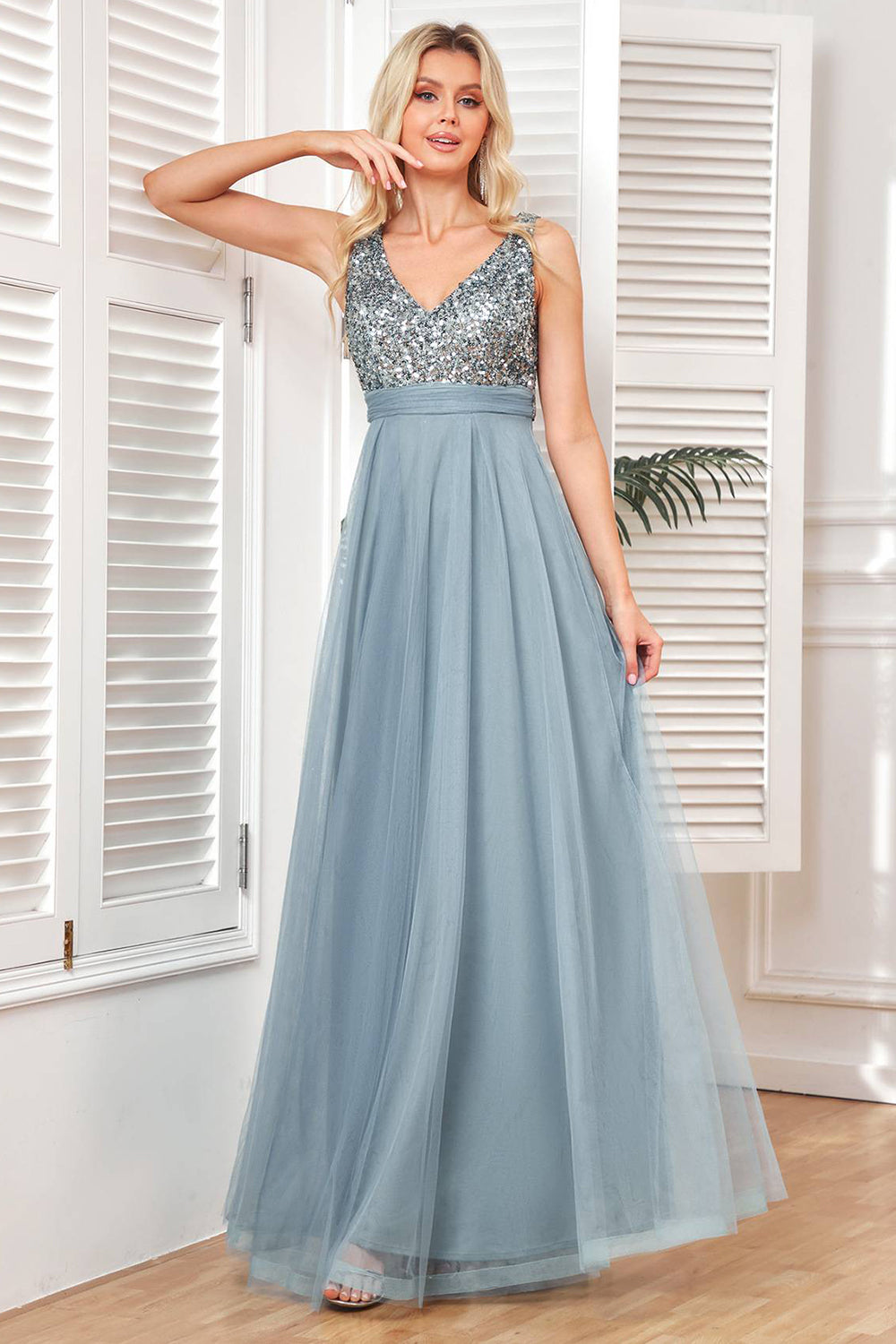 ZAPAKA Femmes Gris Bleu Une Ligne Tulle Robe De Soirée avec Paillettes –  ZAPAKA FR